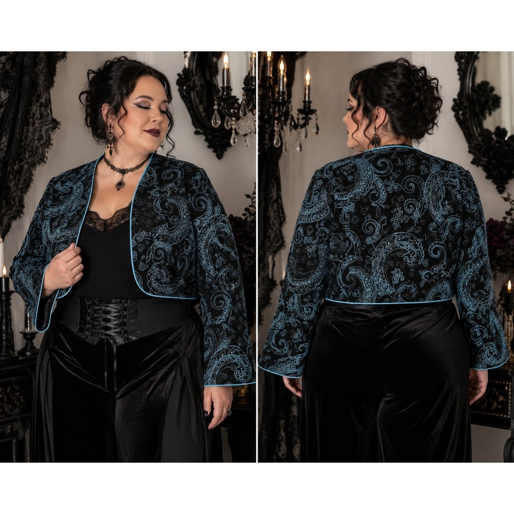 Whimsigoth Elegant PartyY2K Vintage Paisley Blue Black 18WPetite Cropped Jacket